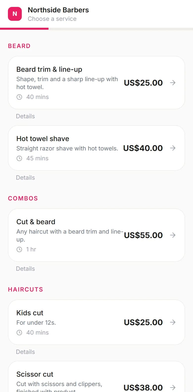 Northside Barbers's booking page on a phone, listing its services with durations and prices.