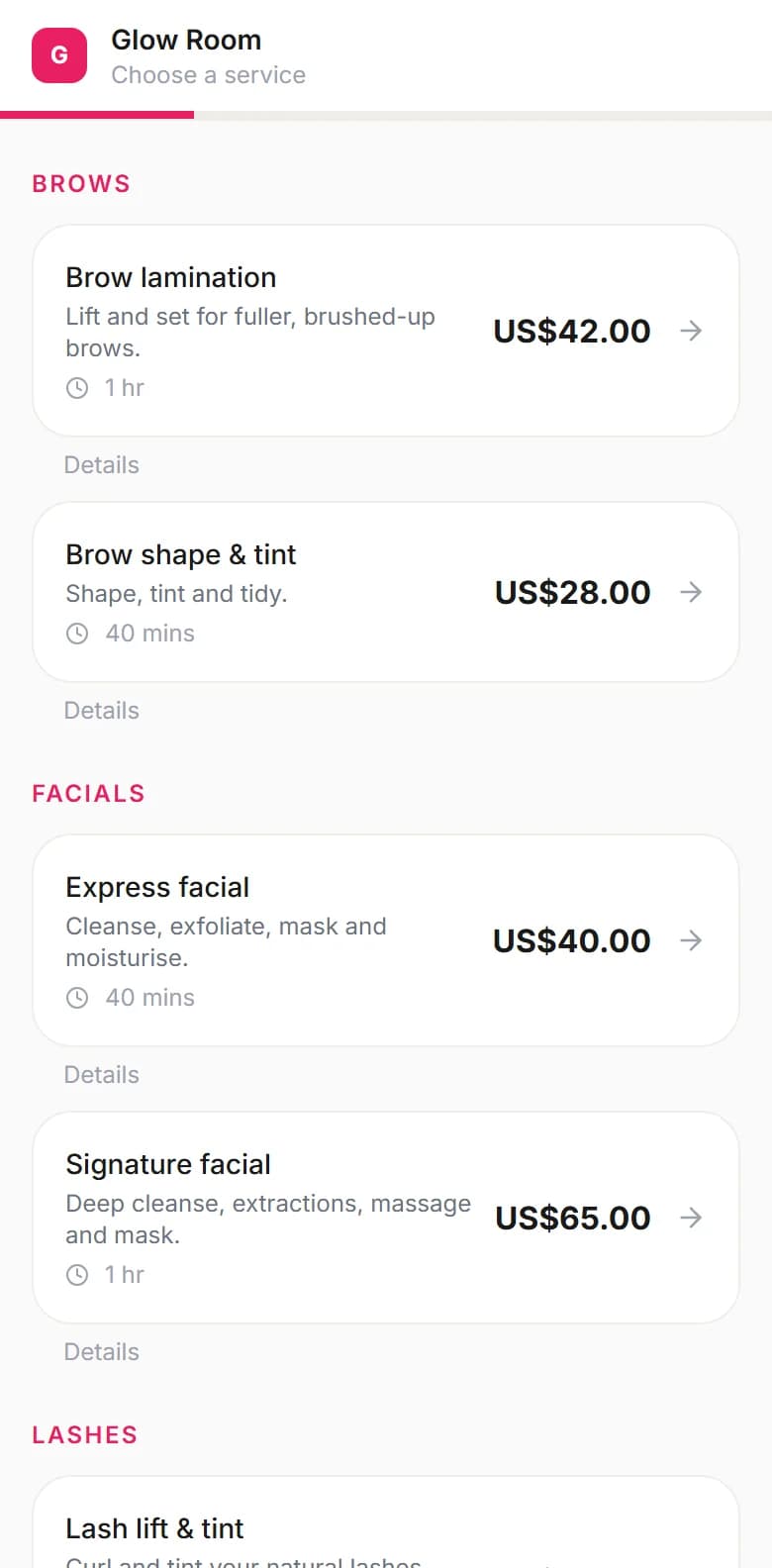Glow Room's booking page on a phone, listing its services with durations and prices.