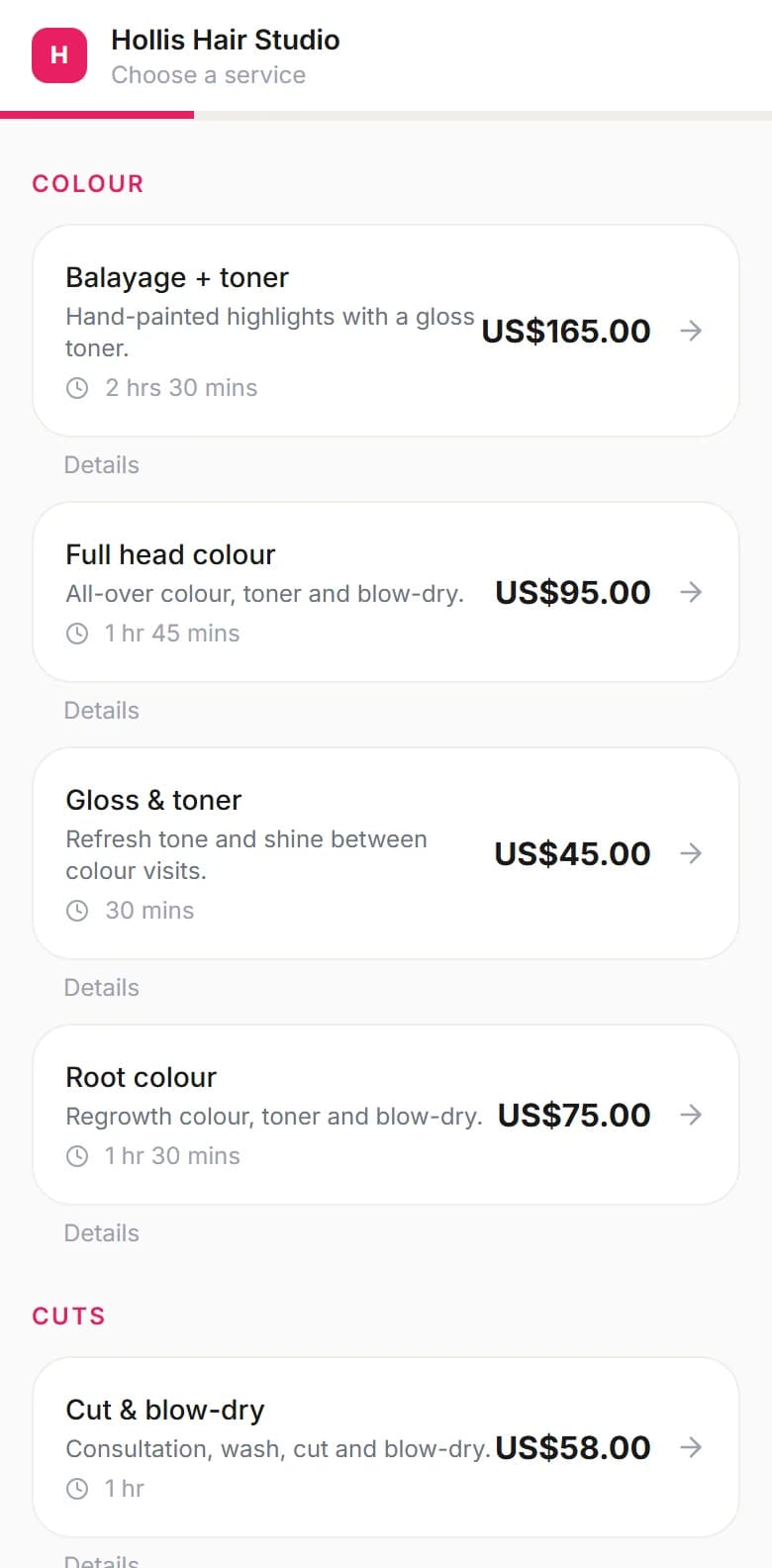 Hollis Hair Studio's booking page on a phone, listing its services with durations and prices.