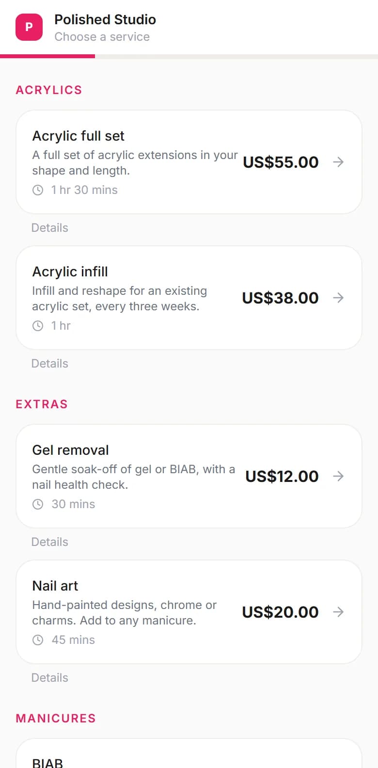 Polished Studio's booking page on a phone, listing its services with durations and prices.