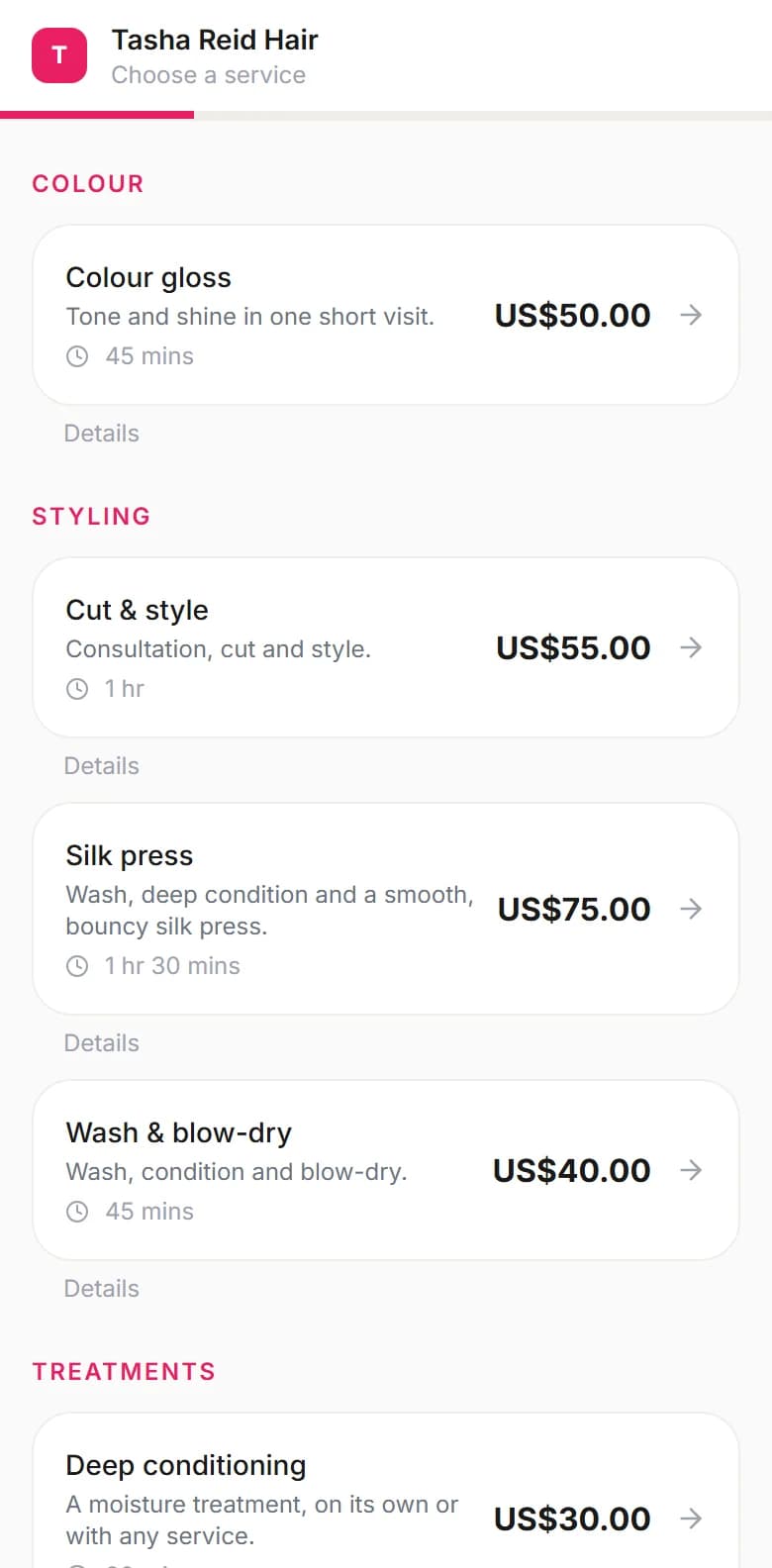 Tasha Reid Hair's booking page on a phone, listing its services with durations and prices.
