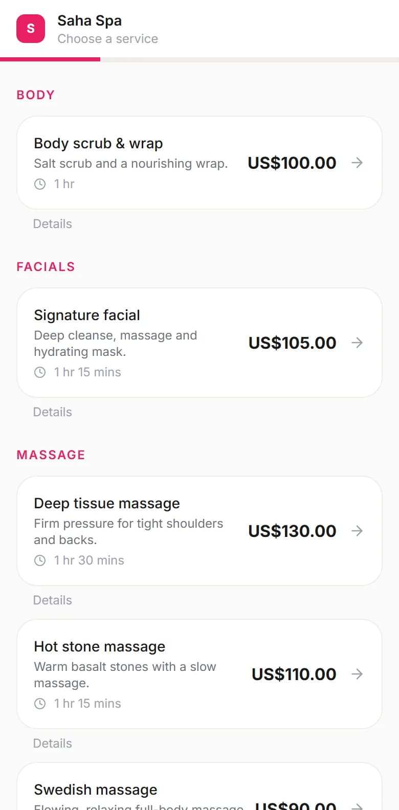 Saha Spa's booking page on a phone, listing its services with durations and prices.