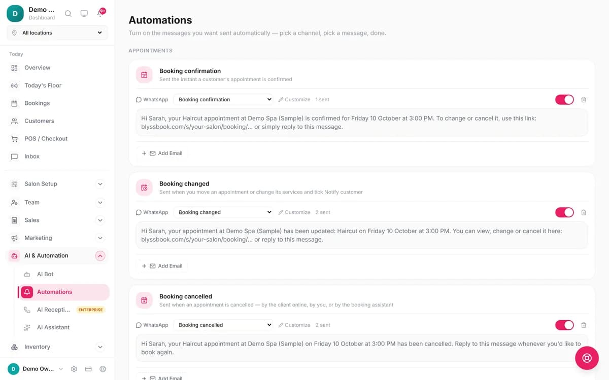 Blyssbook Automations page with WhatsApp booking confirmation, booking changed and booking cancelled messages switched on, each showing its message text
