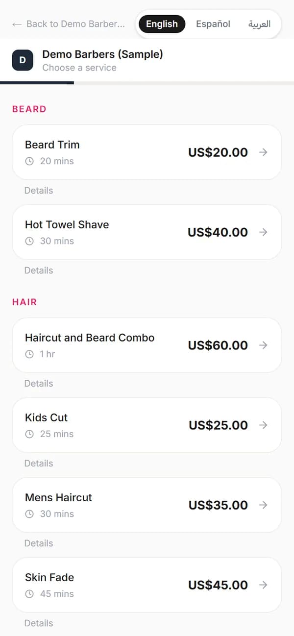 Blyssbook online booking page on a phone for a demo barbershop listing Beard Trim, Hot Towel Shave, Haircut and Beard Combo, Kids Cut, Mens Haircut and Skin Fade with times and prices in dollars