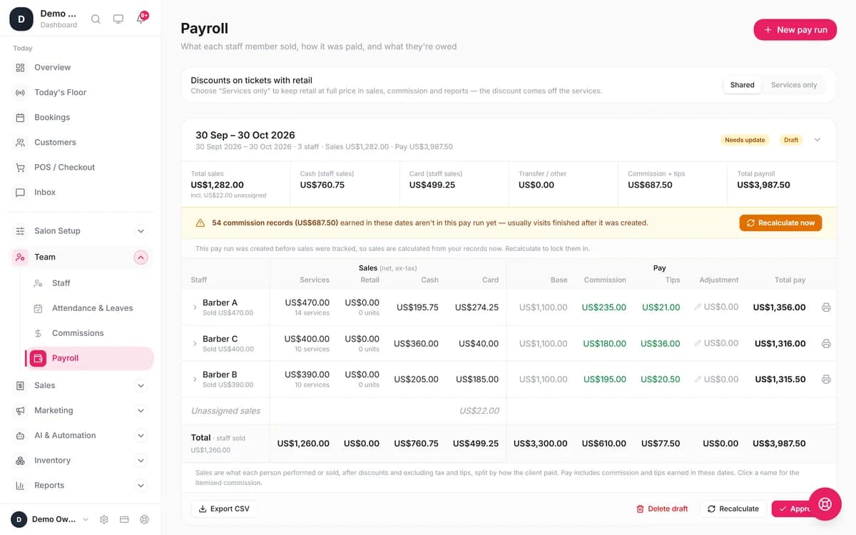 Blyssbook Payroll pay run for a demo barbershop showing each barber's services sold, cash and card takings, base pay, commission, tips and total pay in dollars