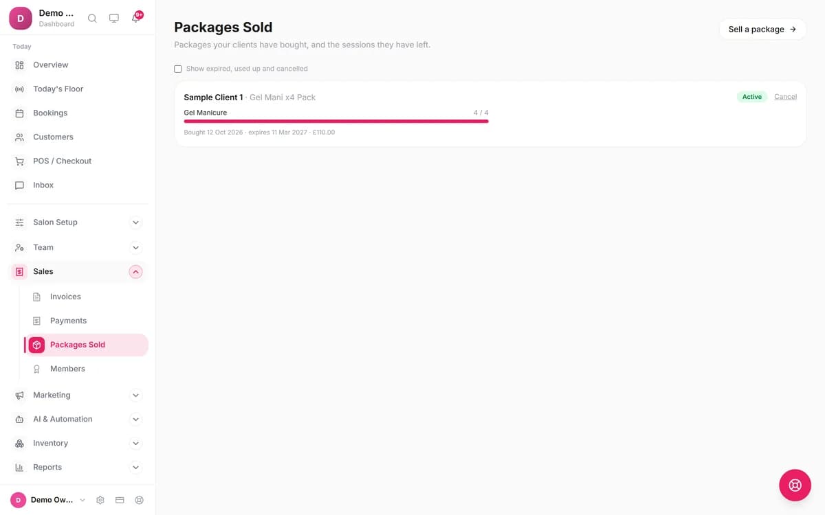 Blyssbook Packages Sold page: a sample client's Gel Mani x4 Pack, Active, 4 of 4 Gel Manicure sessions left, bought 12 Oct 2026, expires 11 Mar 2027, £110.00