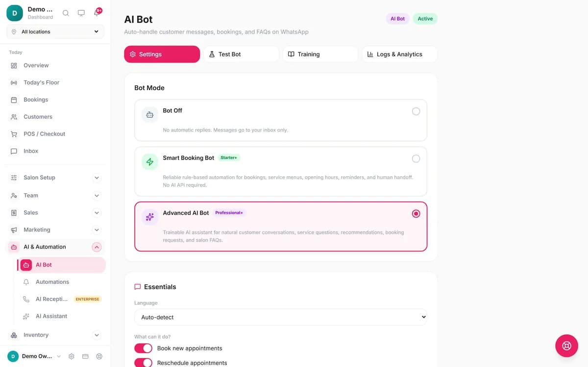 Blyssbook AI & Automation page showing the WhatsApp AI Bot settings with Advanced AI mode