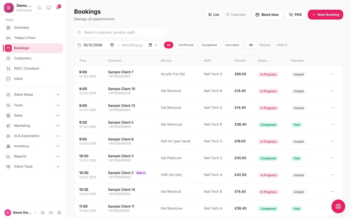 Blyssbook bookings list for a demo nail studio: Nail Tech A, B and C each start at 9:00, with acrylic full set, gel removal and gel manicure rows, one tagged Walk-in, in pounds