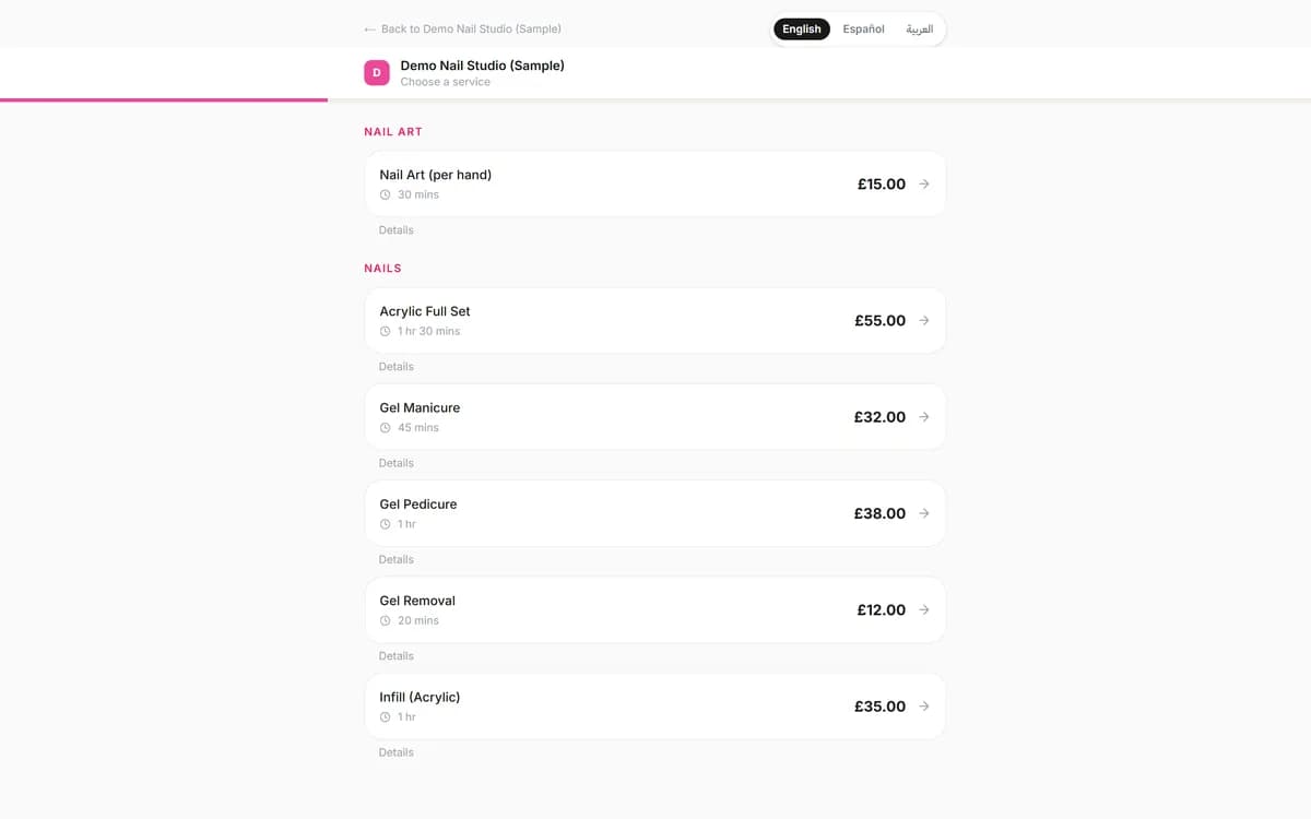 Blyssbook online booking page for a demo nail studio listing Nail Art per hand, Acrylic Full Set, Gel Manicure, Gel Pedicure, Gel Removal and Acrylic Infill with durations and prices in pounds