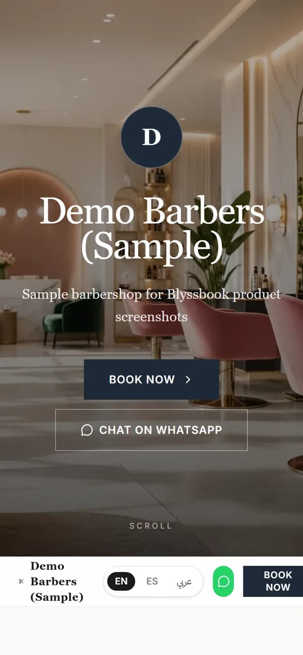 Blyssbook booking page for a sample barbershop on a phone screen, with Book Now and Chat on WhatsApp buttons and an EN, ES and Arabic switch
