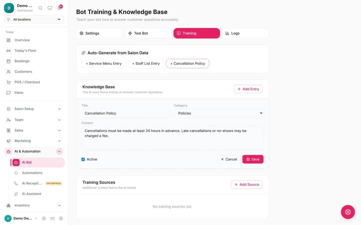 Blyssbook Bot Training & Knowledge Base: Auto-Generate buttons for service menu, staff list and cancellation policy, and an auto-generated Cancellation Policy entry in the Policies category being edited