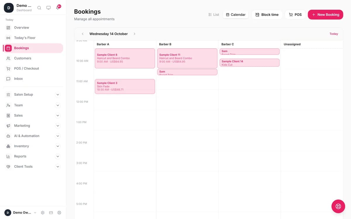 Blyssbook Bookings calendar for Wednesday 14 October with columns for Barber A, B and C; the two test bookings for a client named Sam (Beard Trim) sit among the other appointments