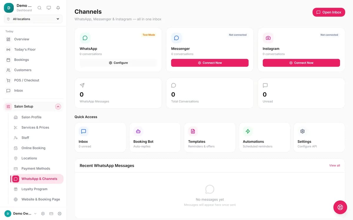 Blyssbook Channels page with cards for WhatsApp, Messenger and Instagram, conversation counts, and quick links to Inbox, Booking Bot, Templates, Automations and Settings