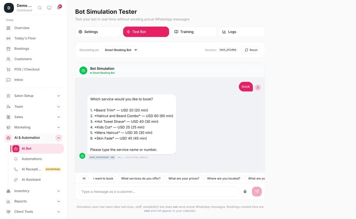 Blyssbook Test Bot: a client types book and the Smart Booking Bot replies with six numbered barbershop services, each with its price in USD and duration, then asks for a service name or number
