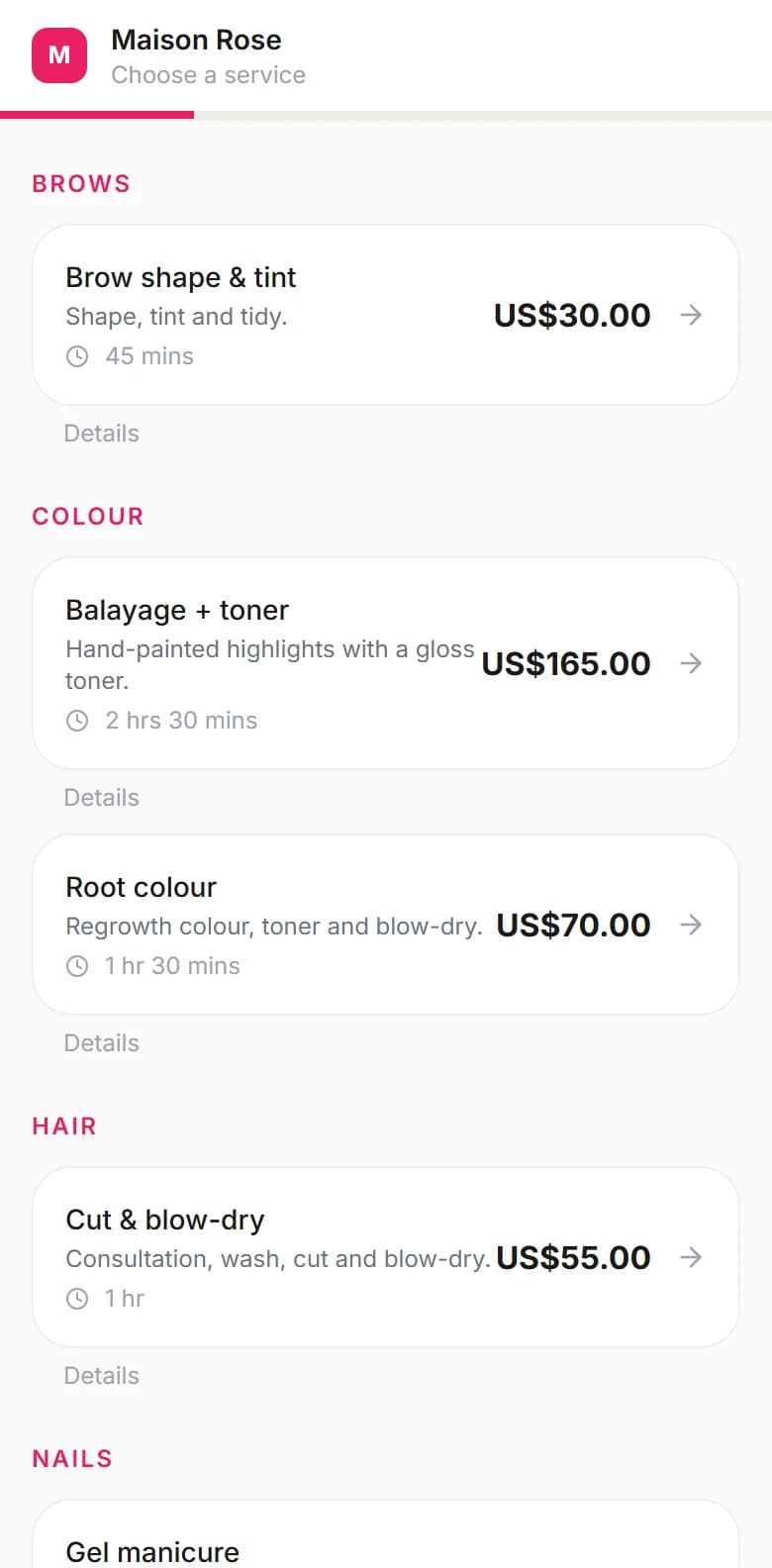 Maison Rose's booking page on a phone, listing its services with durations and prices.