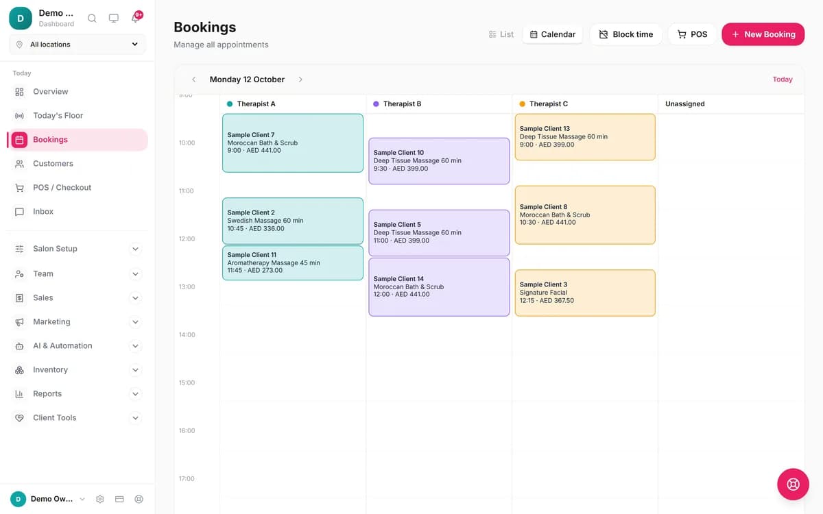 Blyssbook day calendar with one column per therapist; bookings show client, service, start time and price in AED