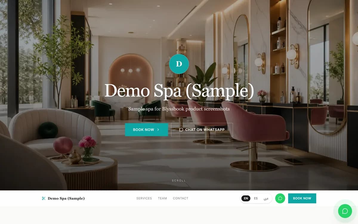 Blyssbook salon website for a sample spa with a full-width photo, Book Now and Chat on WhatsApp buttons, and an EN, ES and Arabic language switch