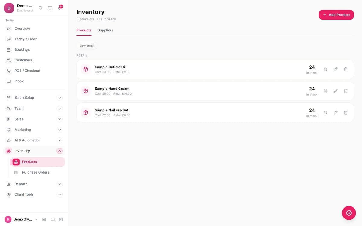 Blyssbook Inventory page in a demo nail studio listing retail products with cost price, retail price in pounds and units in stock, plus a Low stock filter