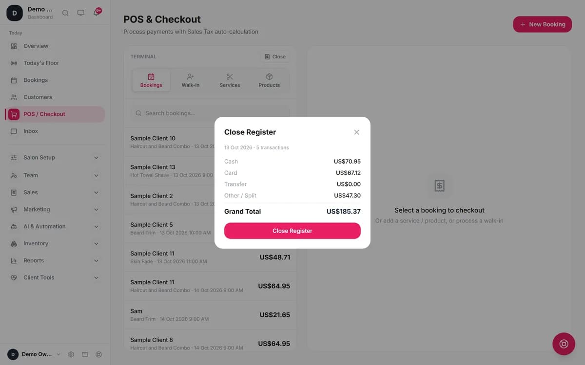 Blyssbook Close Register dialog for 13 October 2026 with five transactions: cash US$70.95, card US$67.12, transfer US$0.00, other or split US$47.30, grand total US$185.37