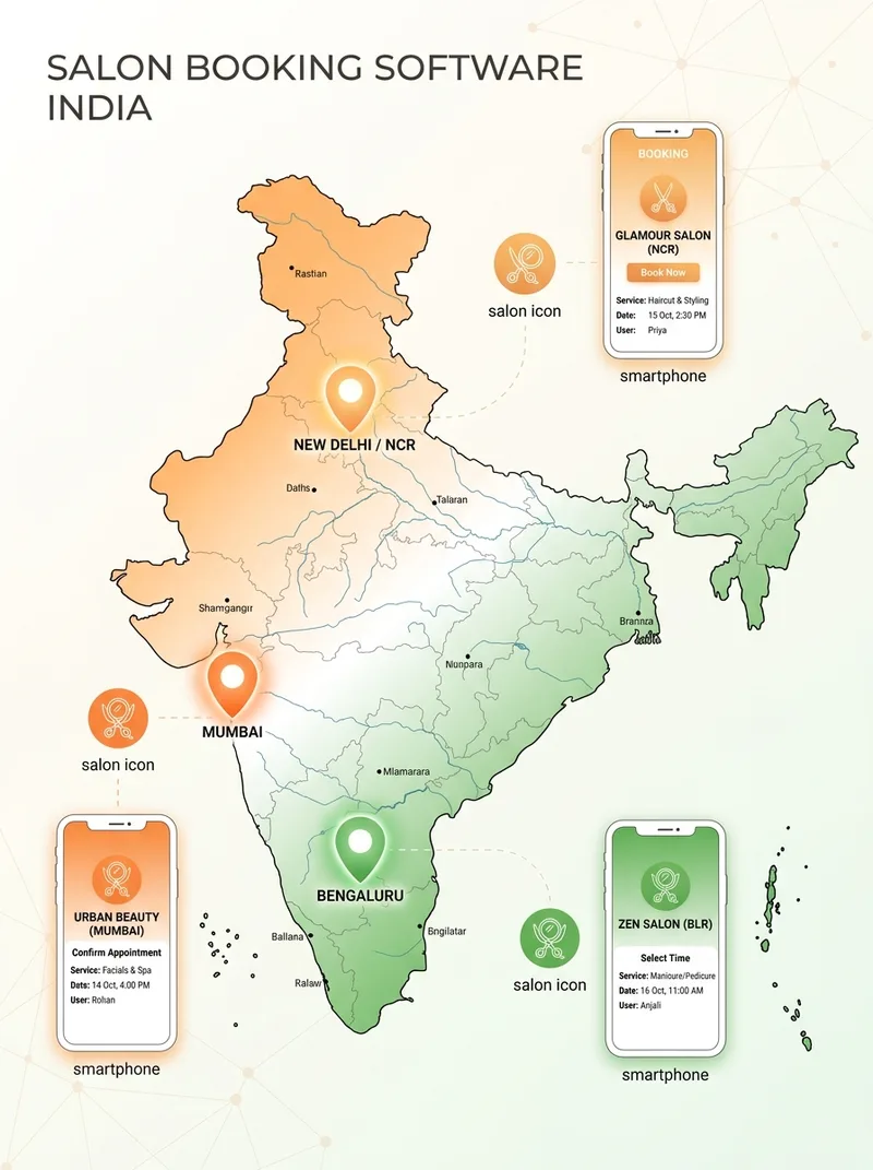 Salon booking software network across Mumbai, Delhi/NCR, and Bengaluru
