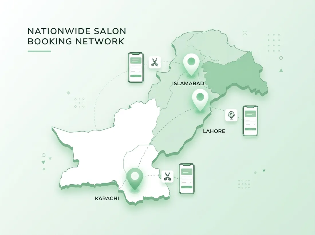 Map of Pakistan showing nationwide salon booking network across Karachi, Lahore, and Islamabad