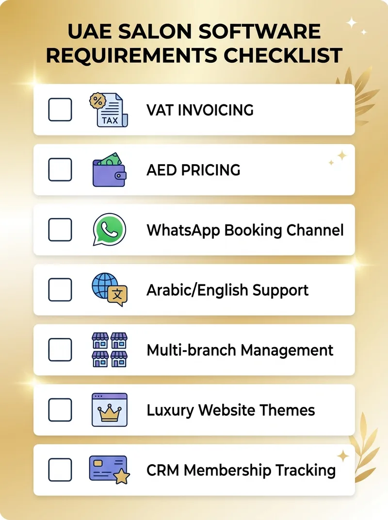 Checklist of what UAE salon software needs: VAT invoicing, AED pricing, WhatsApp booking, Arabic/English support, multi-branch, luxury themes, CRM