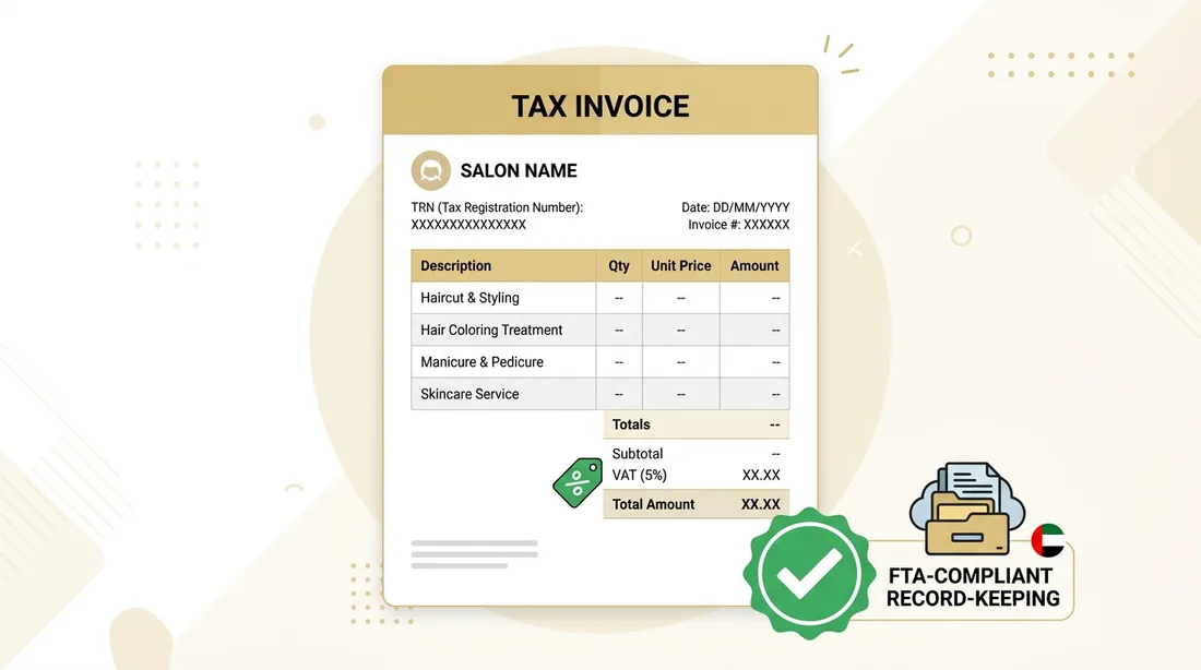 UAE VAT-compliant salon tax invoice showing FTA-ready record-keeping