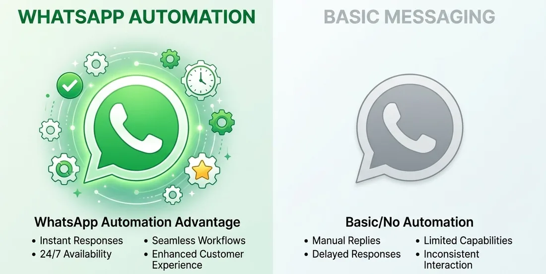WhatsApp automation advantage: instant responses, 24/7 availability, seamless workflows versus basic manual messaging
