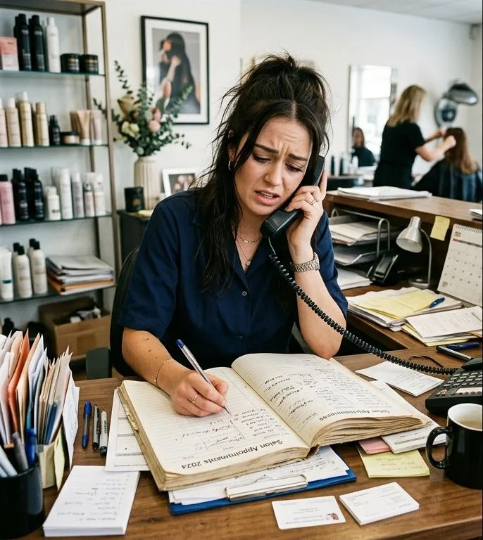 A stressed salon receptionist juggling phone calls and a paper appointment book