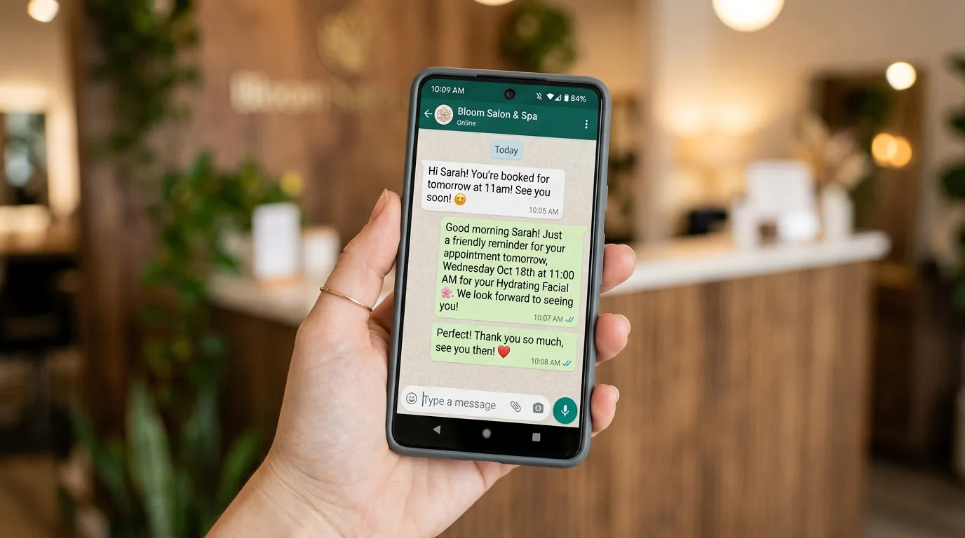 Example of a friendly WhatsApp appointment reminder message thread with a salon client