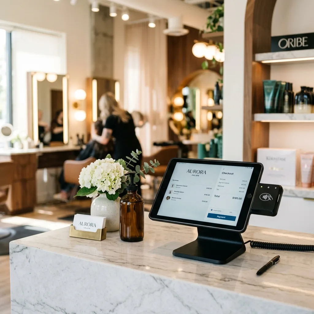 Sleek tablet-based POS terminal on a salon marble checkout counter