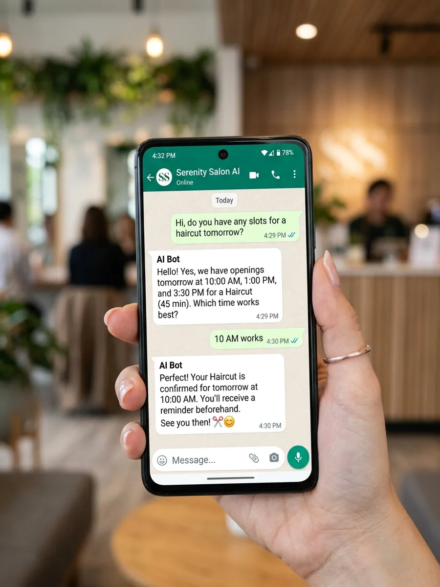Example WhatsApp AI booking conversation showing automatic appointment confirmation