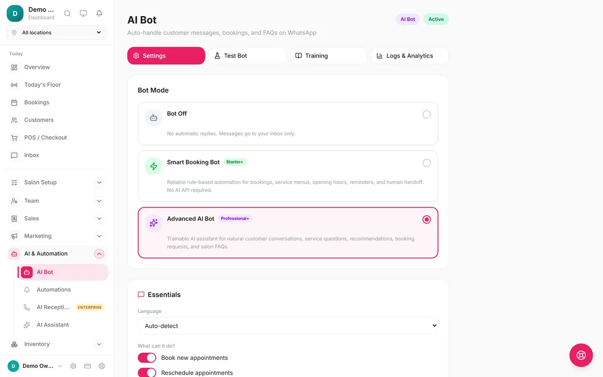 Blyssbook AI Bot settings: Smart Booking Bot on Starter and up, Advanced AI Bot on Professional and up, language set to auto-detect (demo salon)