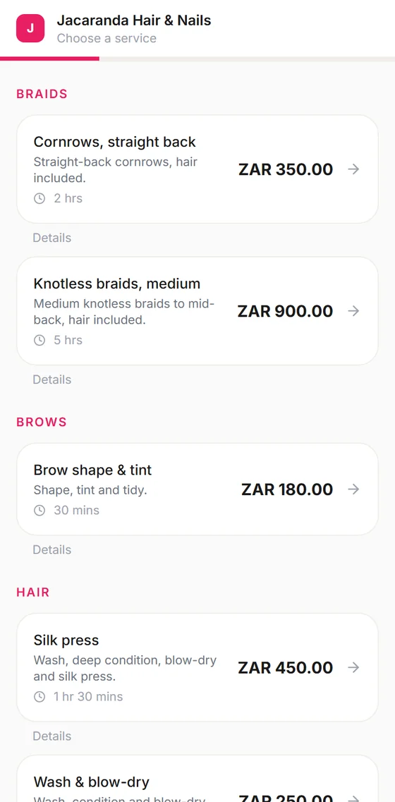 The booking page of Jacaranda Hair & Nails on a phone, listing braids, brows and hair services with their length and rand price.