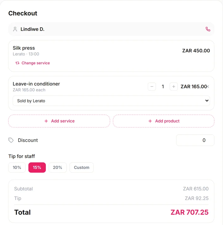 Blyssbook checkout for a silk press and a leave-in conditioner with a 15% tip, total R707.25.