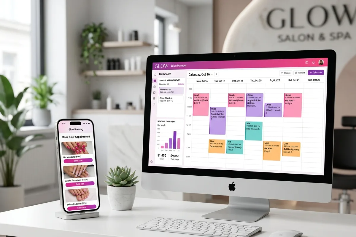 Blyssbook salon software dashboard and mobile booking screen showing nail service scheduling